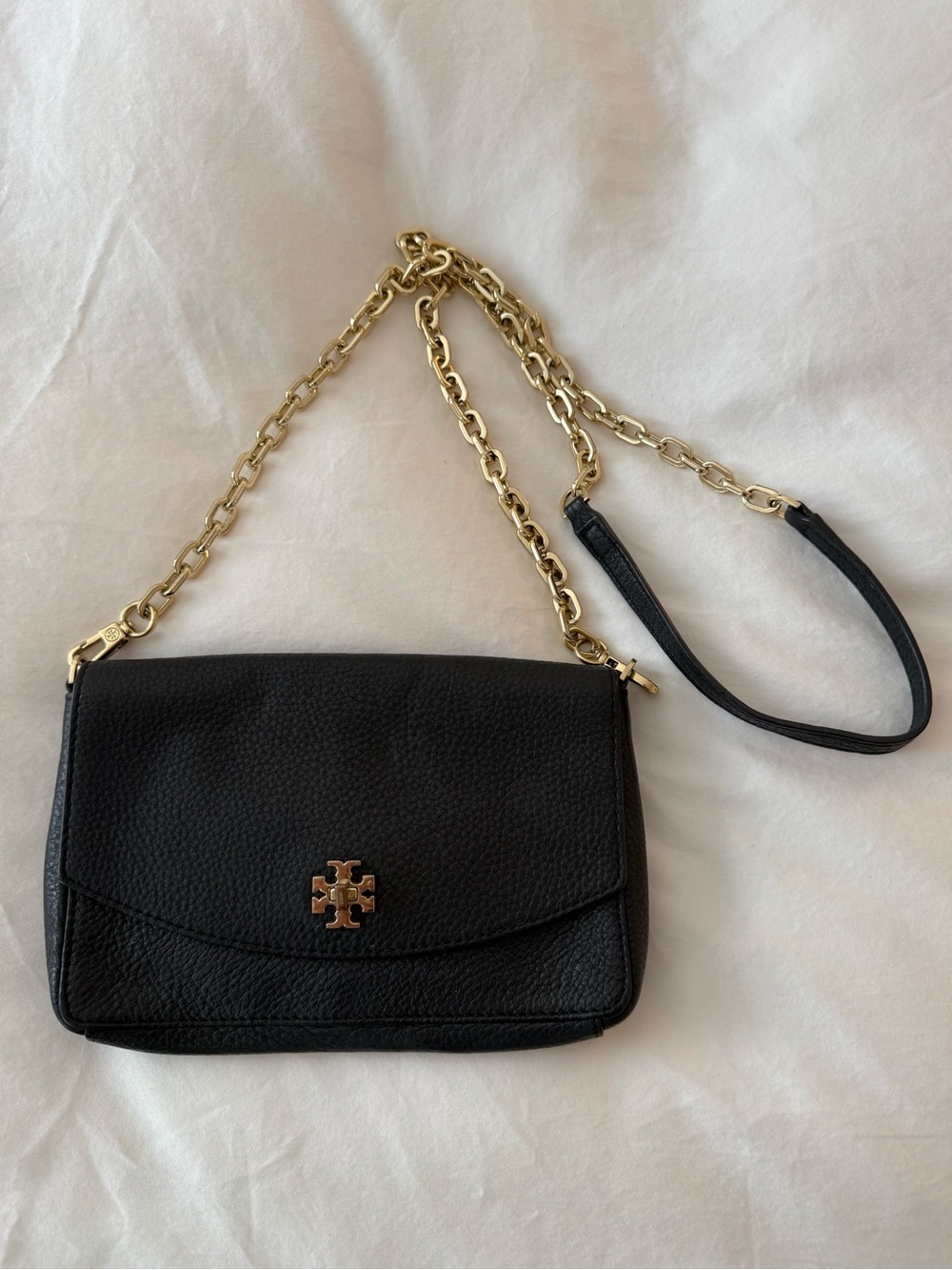 Tory Burch Black Pebbled Leather Crossbody with Gold Chain
